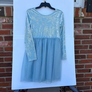 Cat & Jack Girls Blue Crushed Velvet Glitter Tulle Dress XL 14 Long Sleeve